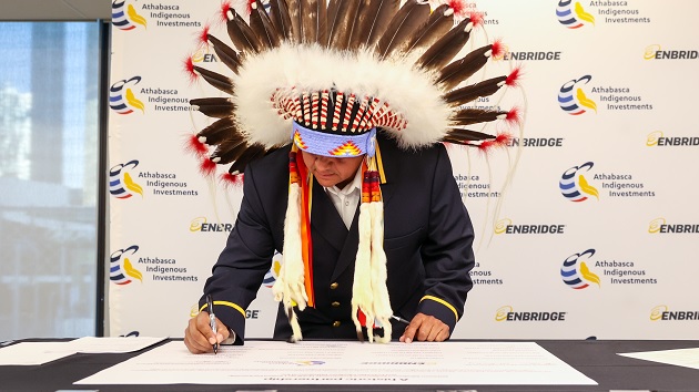 Frog Lake First Nation Chief Greg Desjarlais takes part in a signing ceremony between Enbridge and 23  Indigenous communities for equity ownership in seven oil sands pipelines. Photo courtesy Enbridge