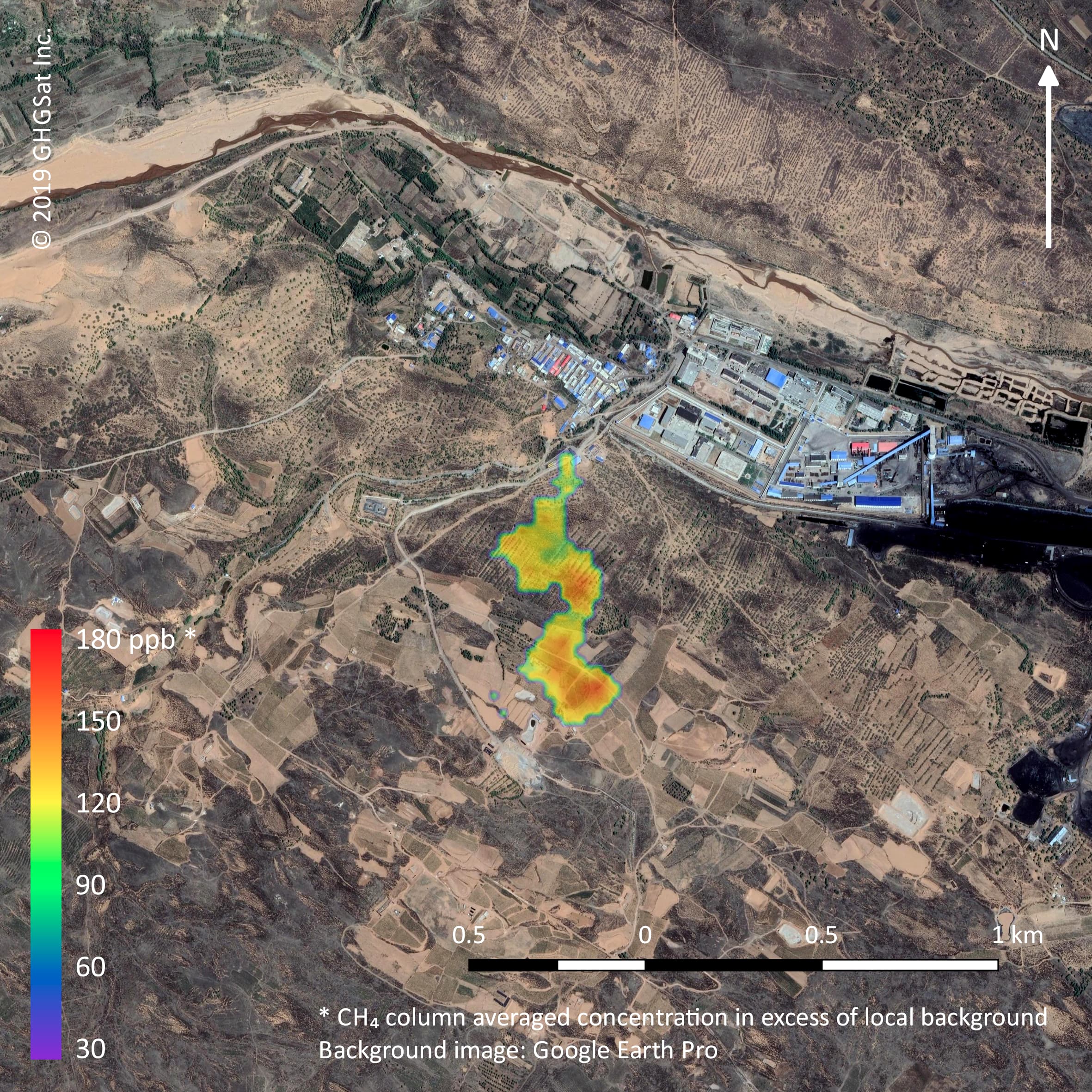 A plume of methane sits over the Bulianta coal mine in China in an image captured and shared by GHGSat monitoring satellite Claire. Photograph courtesy GHGSat