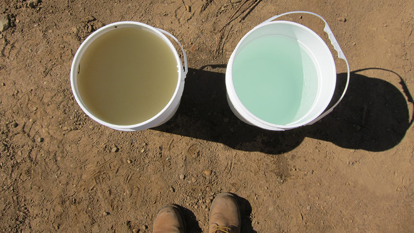 Side-by-side buckets show water before petroleum coke filtration (left) and after. Photograph courtesy Syncrude