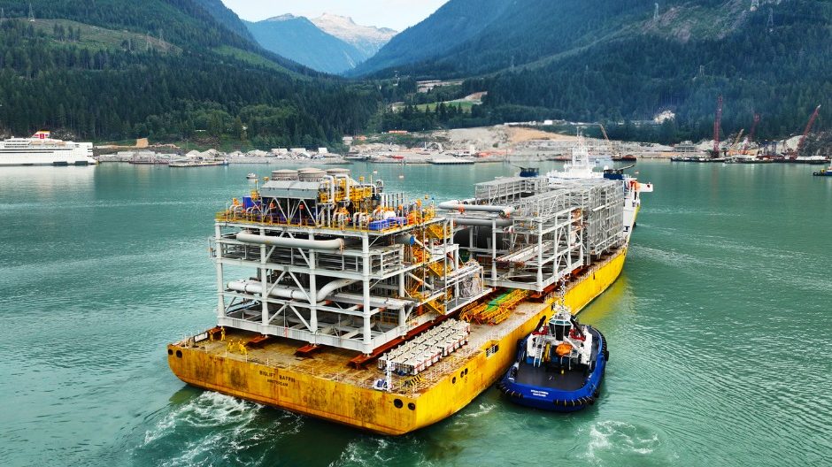 Construction modules have begun arriving at the project site. Photo courtesy Woodfibre LNG