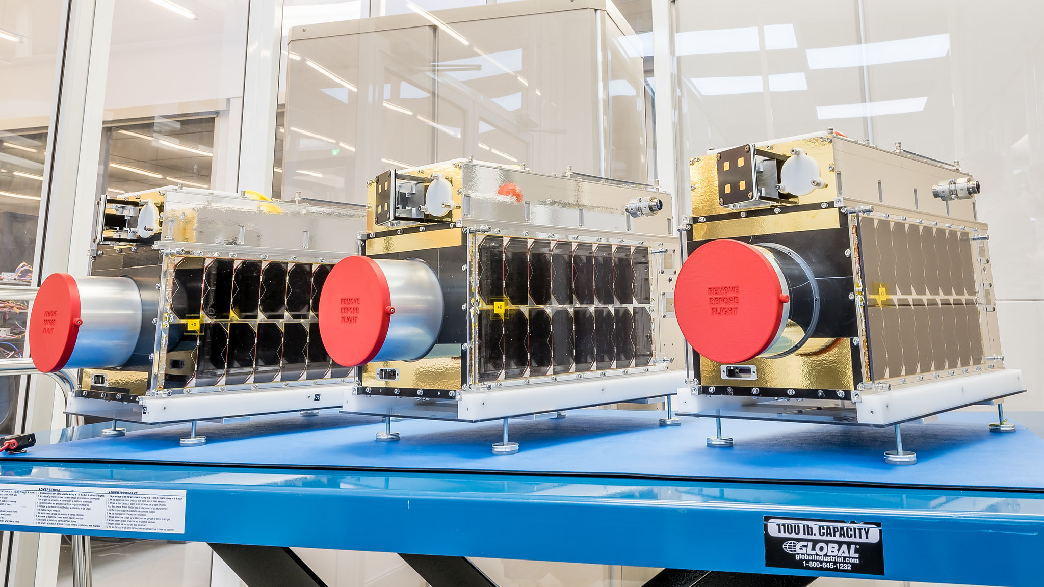 Methane tracking satellites Luka, Penny and Diako are prepared ahead of launch with SpaceX. Photo courtesy GHGSat