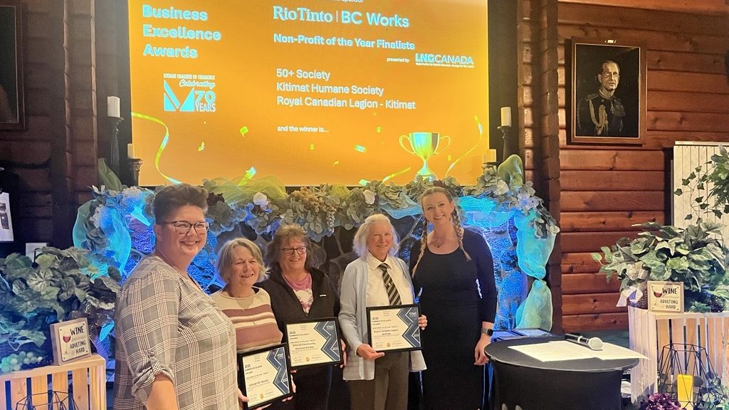 In October 2025, representatives from LNG Canada presented the award for not-for-profit of the year at the Kitimat Chamber of Commerce’s Business Excellence Awards ceremony. Photo courtesy LNG Canada