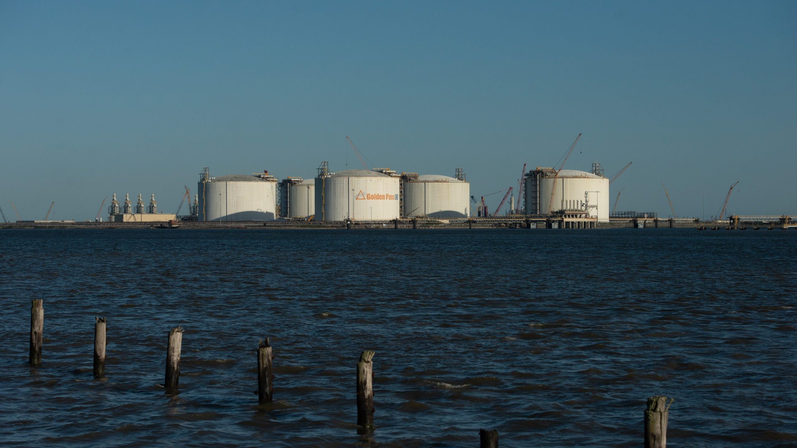 Storage tanks stand in the evening sun at the Golden Pass LNG Terminal in Sabine Pass, TX, on Thursday, April 14, 2022. Getty Images photo