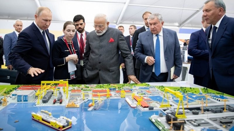 Russian President Vladimir Putin and executives with state oil company Rosneft present a major shipbuilding complex to Indian Prime Minister Narendra Modi. India will be an investor in a new US$157 billion oil project in the Russian Arctic. Photograph courtesy Rosneft