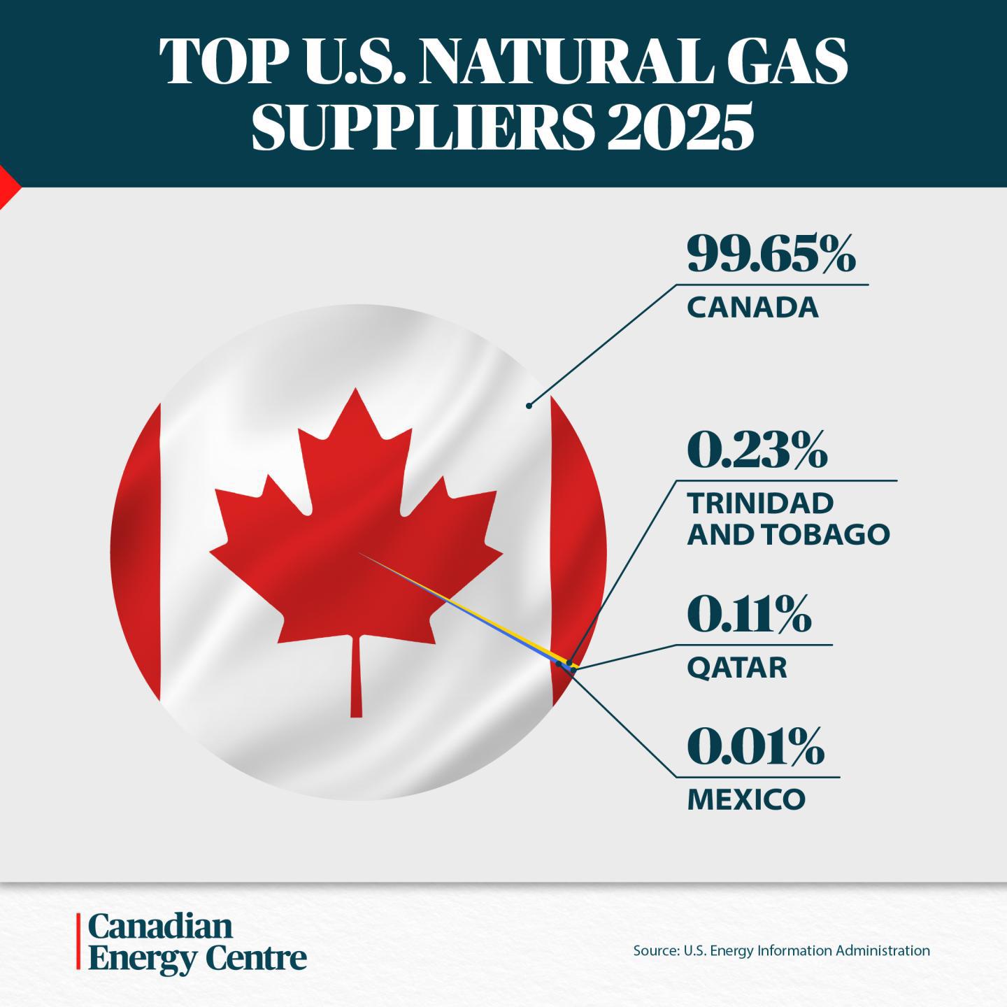 Chart showing Canada supplies 99.65% of U.S. natural gas imports in 2025, with small shares from Trinidad and Tobago (0.23%), Qatar (0.11%), and Mexico (0.01%).