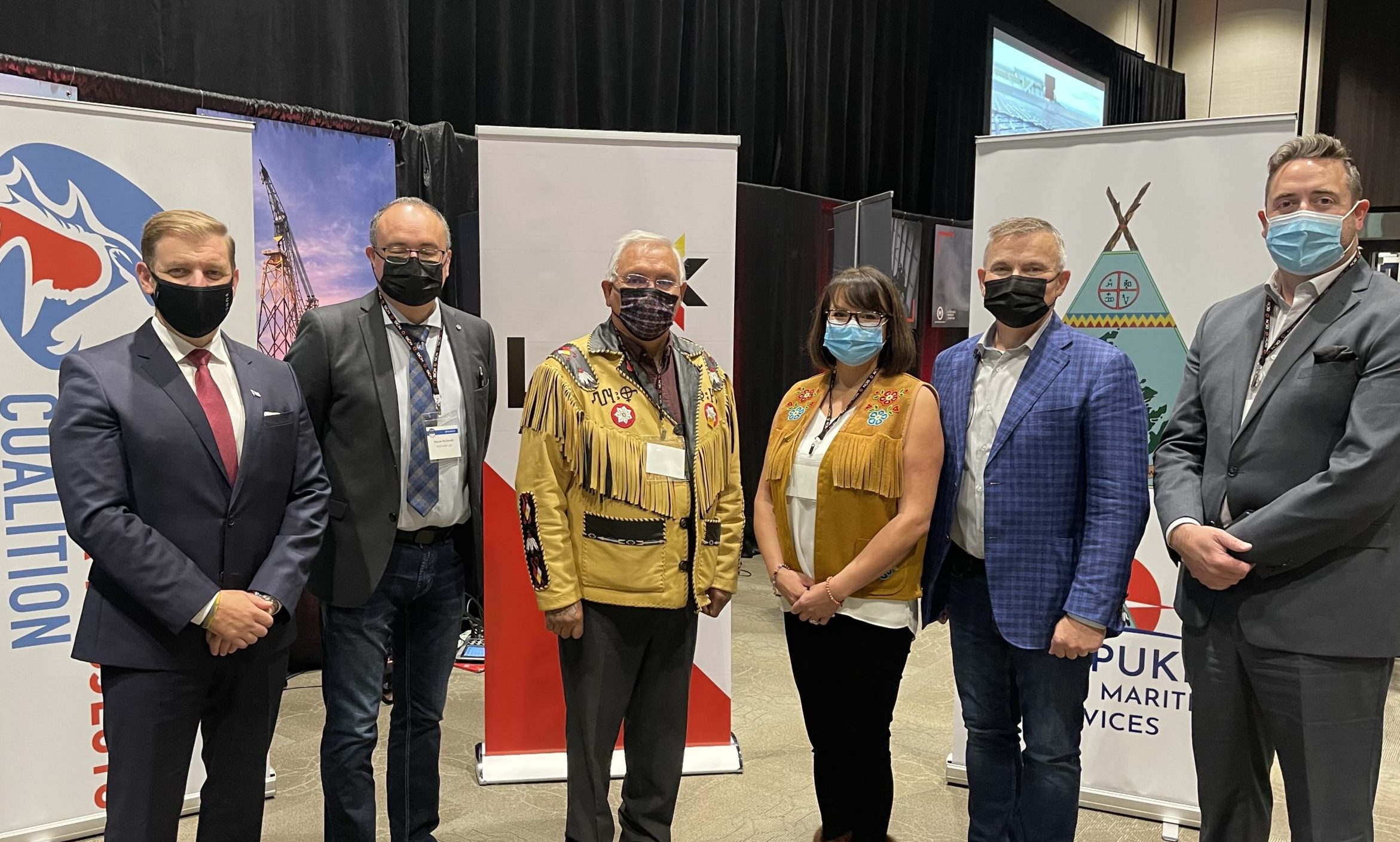 Miawpukek First Nation Chief Mi'sel Joe and Miawpukek First Nation Chief Sharleen Gale (center) announce plans to increase their interest in the proposed LNG Newfoundland and Labrador project. Photo courtesy First Nations Major Projects Coalition