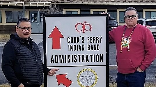 Shane Gottfriedson, B.C. regional director, Project Reconciliation, on the left, Delbert Wapass, executive chair, Project Reconciliation at the Cooks Ferry Indian Band office during their listening tour to get feedback on plans to purchase the Trans Mountain pipeline. Photograph supplied for Canadian Energy Centre