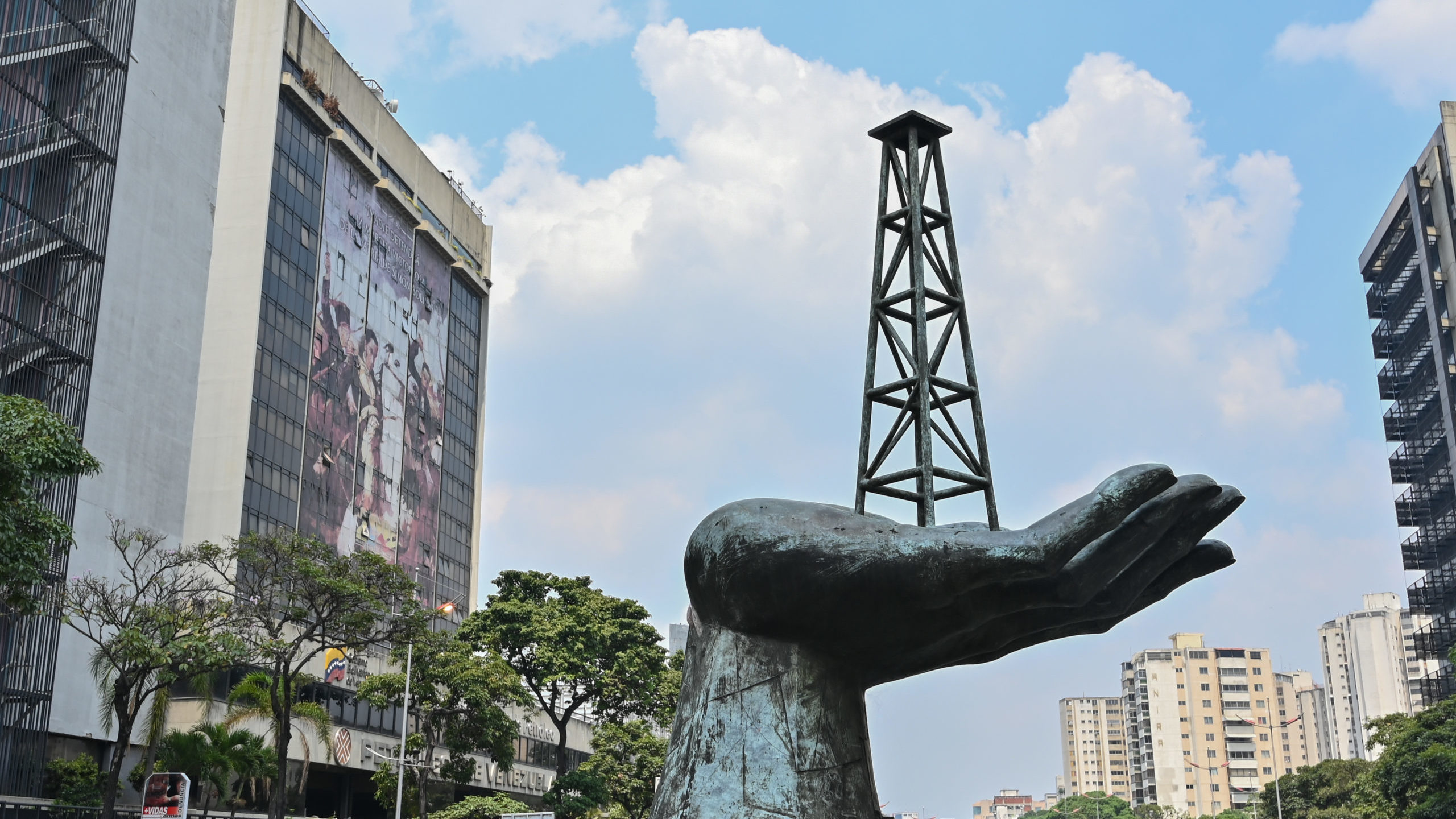 View of the "Peace Monument" sculpture outside the headquarters of Venezuelan state-owned oil company PDVSA, in Caracas. Getty Images photo