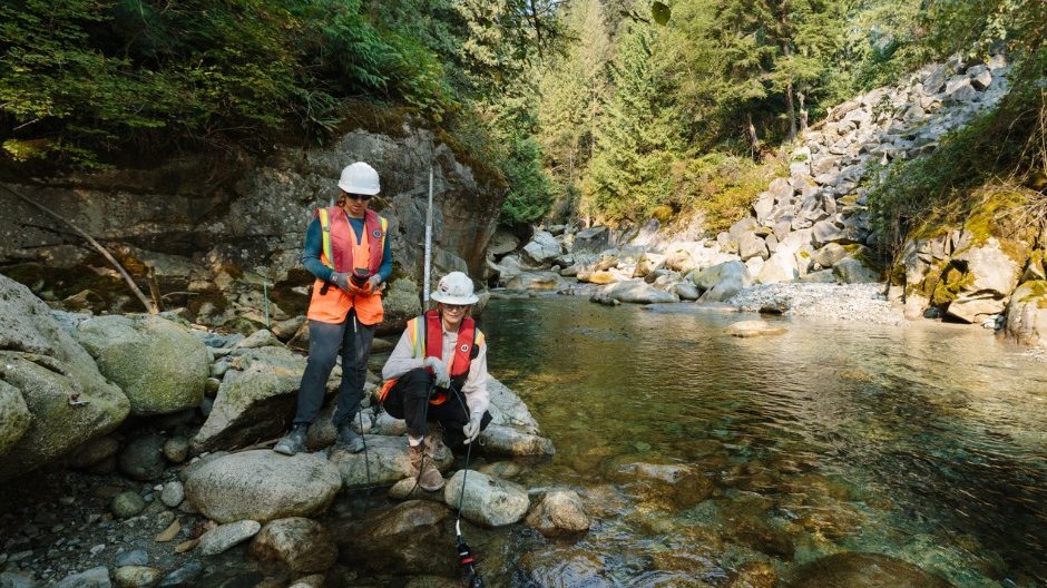 A crew with Woodfibre LNG monitors Mill Creek, a salmon-bearing stream that runs through the project site. Photo courtesy Woodfibre LNG