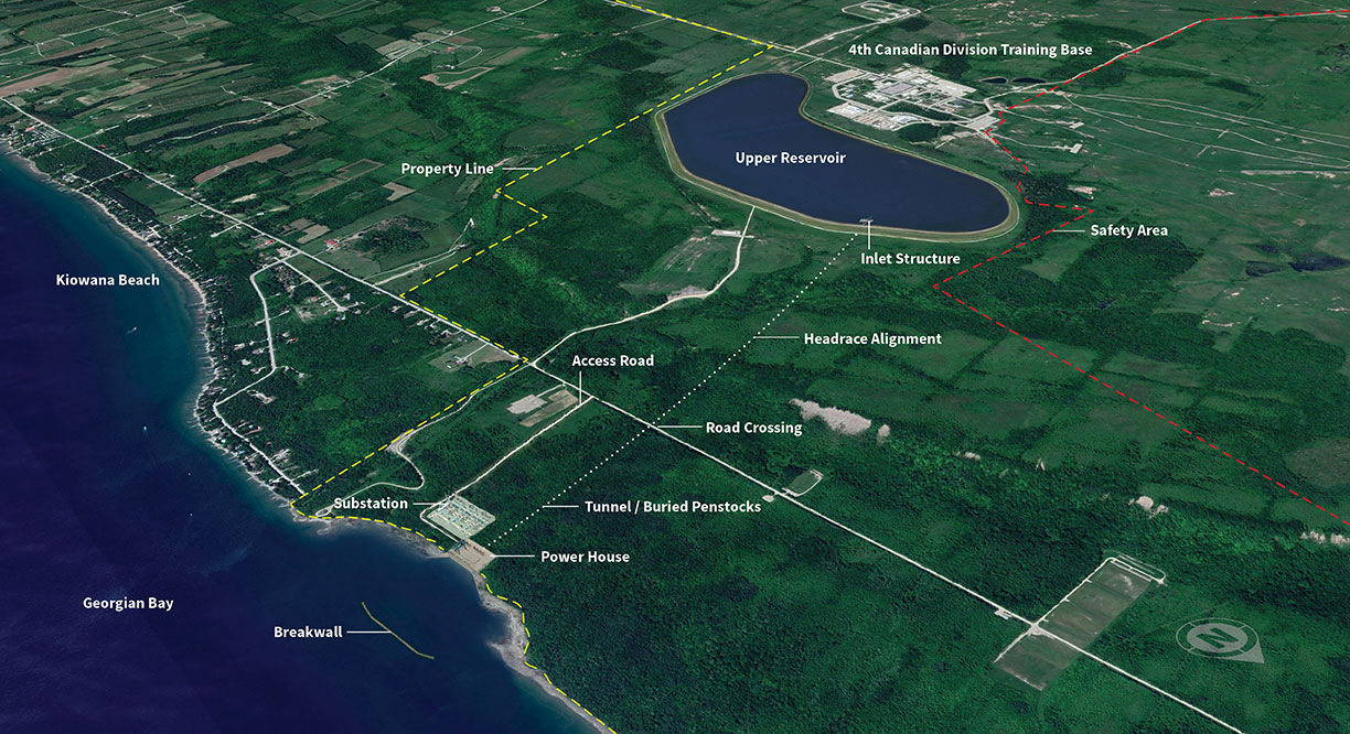 Satellite image of the upper reservoir and key landmarks