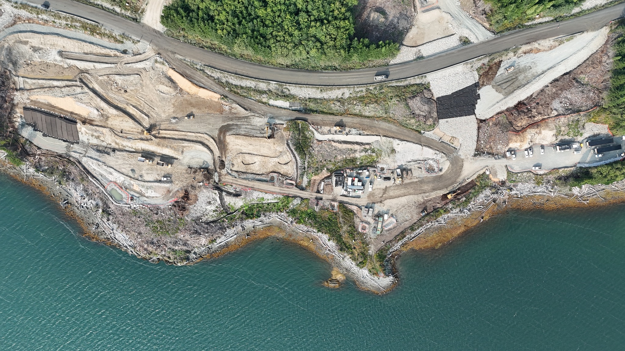 Aerial view of the Cedar LNG marine terminal area in the early stages of construction in summer 2025. Photo courtesy Cedar LNG