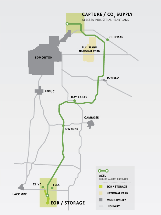 Map of the Alberta Carbon Trunk Line system. Courtesy Enhance Energy