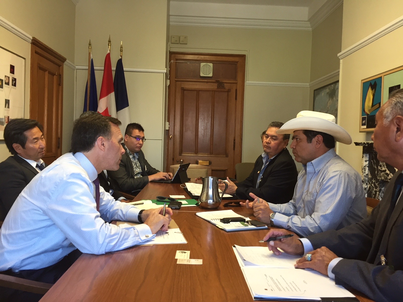 Chief Michael LeBourdais (in the cowboy hat) and members of the Western Indigenous Pipeline Group meet with federal Finance Minister Bill Morneau. Photograph supplied for Canadian Energy Centre