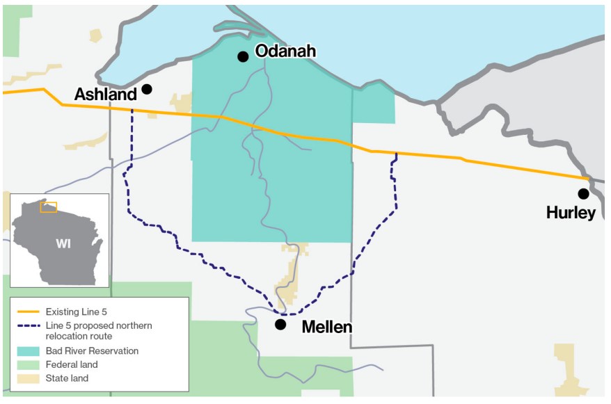 Map of the proposed Line 5 relocation project in Wisconsin. Image courtesy Enbridge
