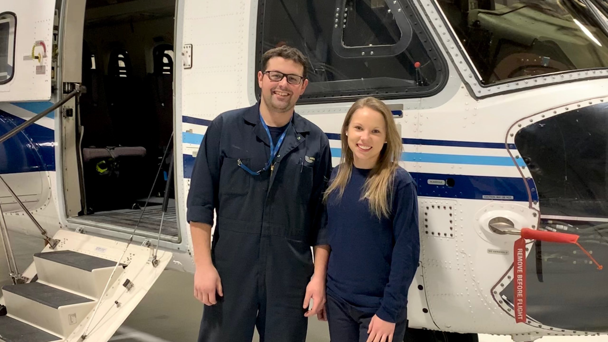 Sacha Gale (right) is avionics supervisor and her fiancé Zachary Rolls is a mechanic at Cougar Helicopters in St. John’s, Newfoundland. They are two of the thousands of people in Atlantic Canada whose livelihoods rely on the offshore oil and gas industry. Photograph supplied for Canadian Energy Centre
