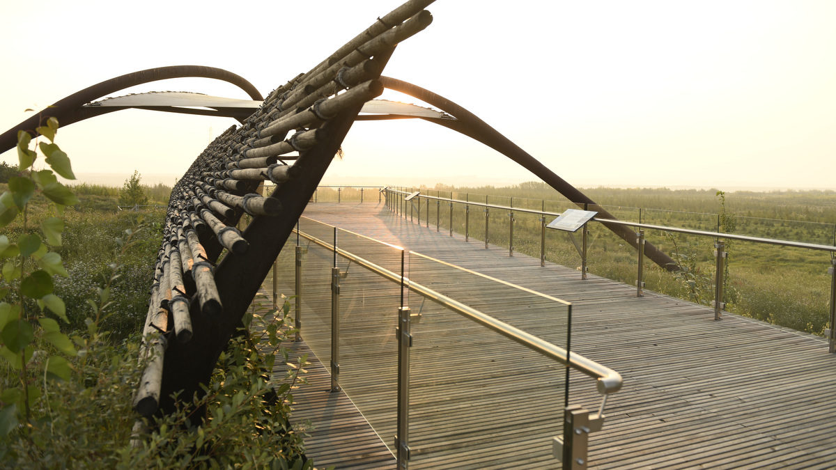 The Wapisiw Lookout walkway and observation deck. Wapisiw Lookout, formerly Tailings Pond 1, became the first oil sands tailings pond reclaimed to a solid surface in 2010. Photograph courtesy Suncor