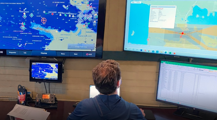 A Enbridge worker watches monitors in the Straits Maritime Operations Centre. Photograph courtesy Enbridge