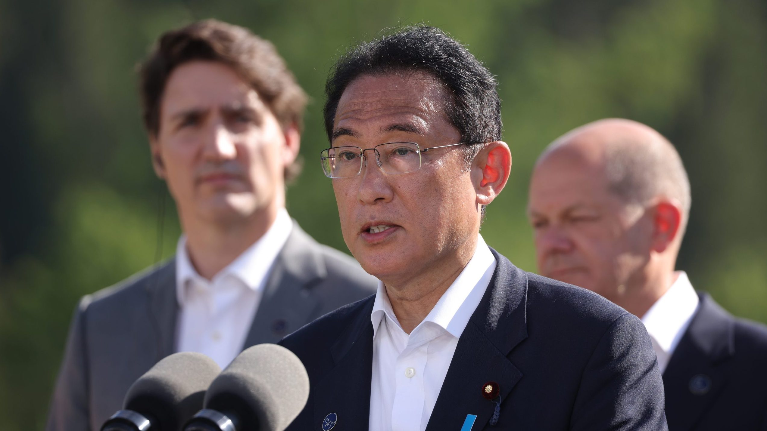 Prime Minister of Japan Fumio Kishida speaks during the G7 summit at Schloss Elmau, Germany on June 26, 2022 as (L-R) Canadian Prime Minister Justin Trudeau and German Chancellor Olaf Schulz look on. Getty Images photo
