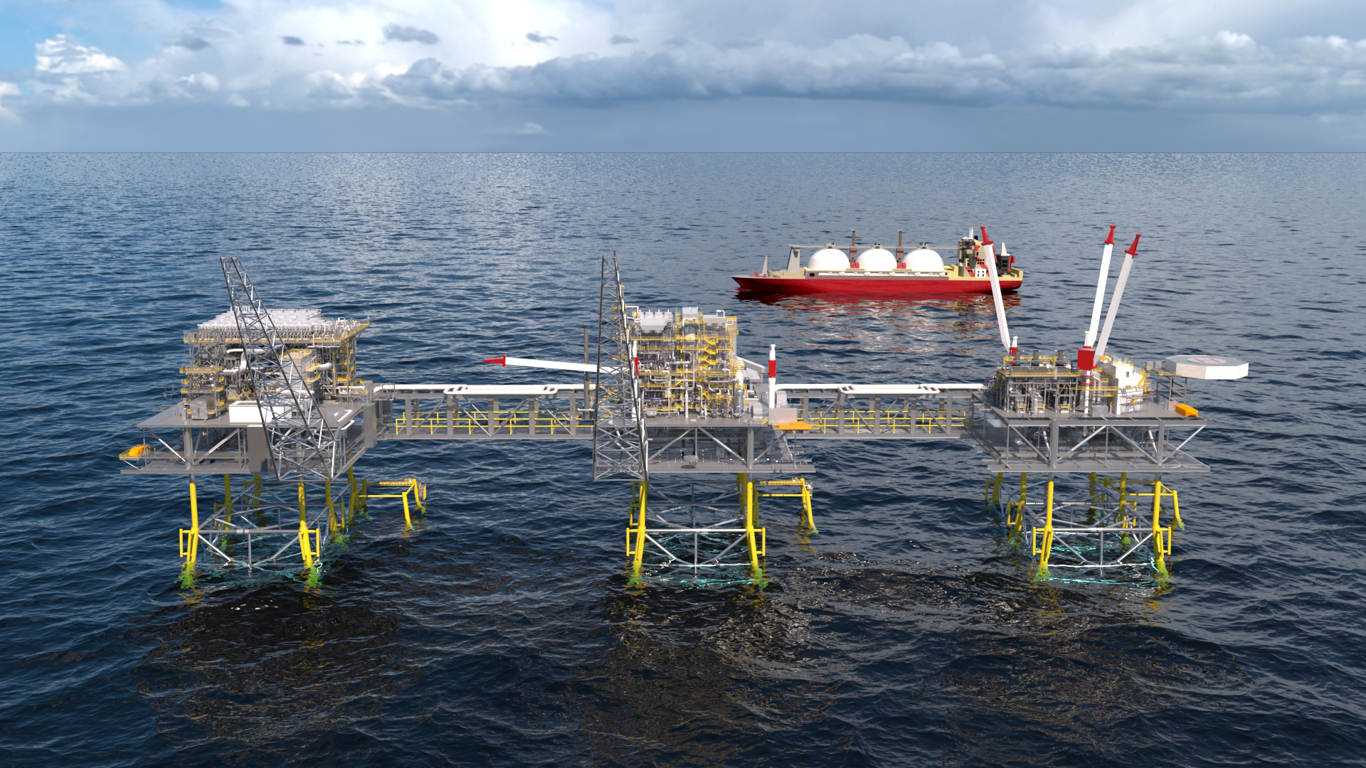Photo of a midscale LNG plant installed on three fixed jacket offshore platforms. Photo courtesy Fluor/Business Wire
