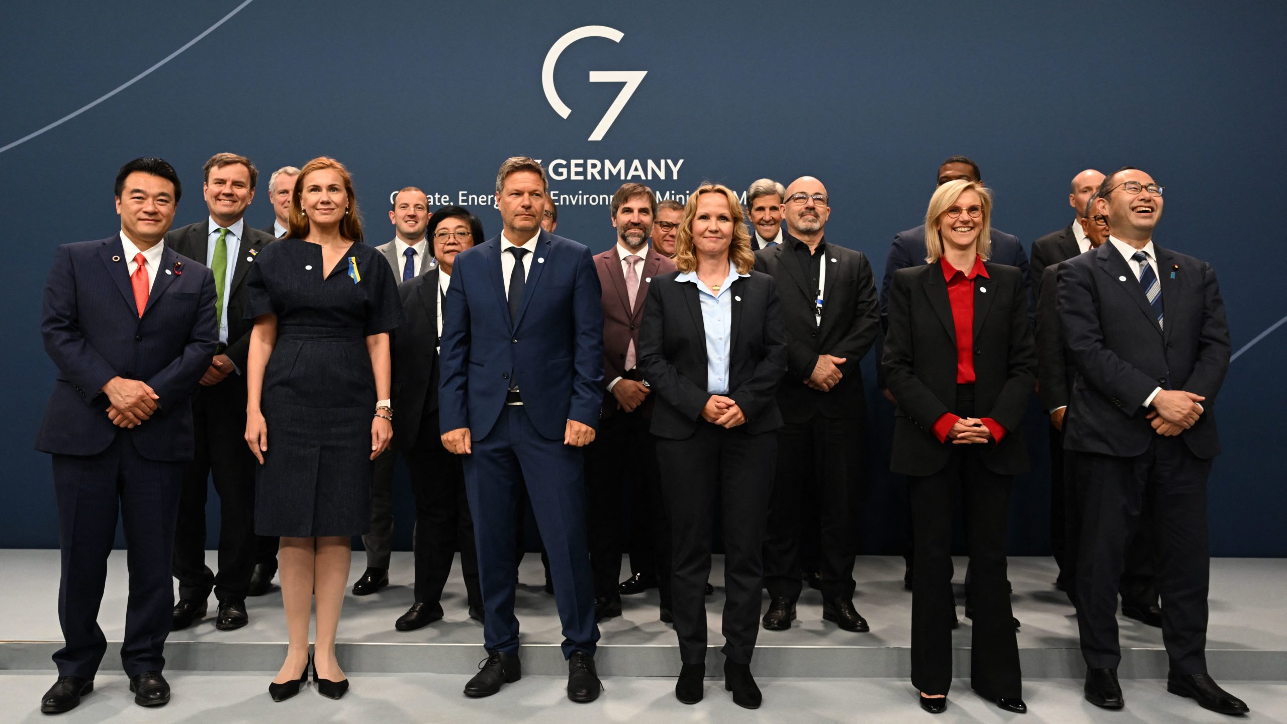 German Minister of Economics and Climate Protection Robert Habeck (front row, 3L) and German Minister for the Environment, Nature Conservation, Nuclear Safety and Consumer Protection Steffi Lemke (front row, 3R) pose with ministers and envoys for a group picture of the G7 Climate, Energy and Environment Ministers Meeting in Berlin on May 26, 2022. Getty Images photo