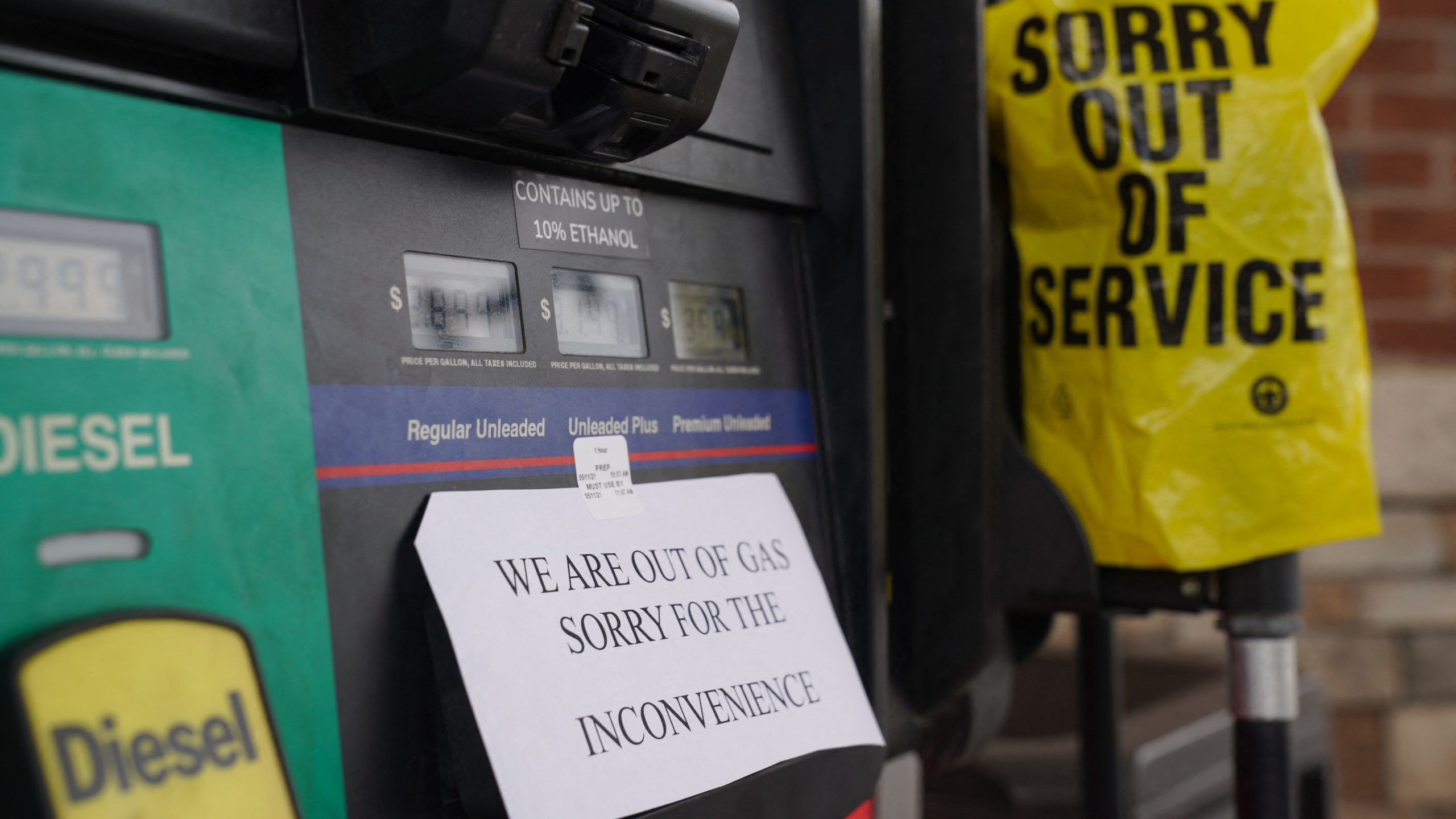 A sign warns consumers on the availability of gasoline at a RaceTrac gas station on May 11, 2021, in Smyrna, Georgia. A ransomware attack on Colonial Pipeline forced the company to shut down its entire network. Getty Images photo