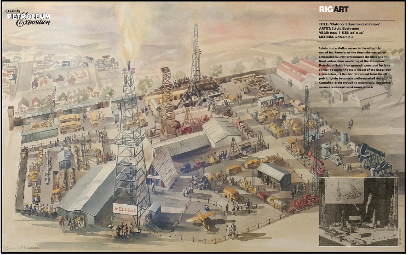 Image from an October 5, 2018 article in The Hitch titled Roughnecks and Cowboys, the CAOEC’s in-house publication. This watercolor was created by Sylvia Boehrnsen, who had “a stellar career in the oilpatch” before retiring and taking up painting.