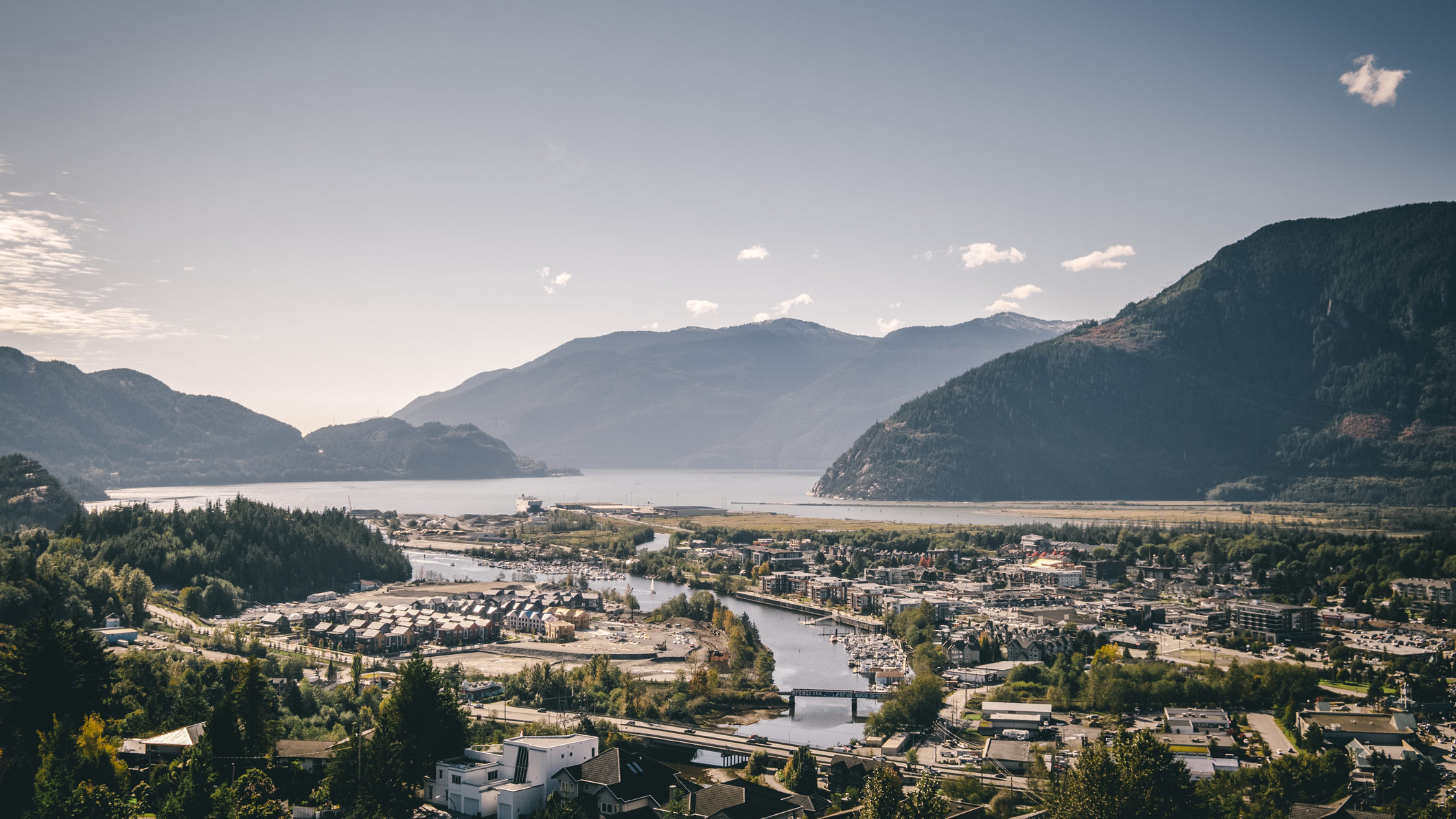 Aerial view of the town of Squamish, B.C. looking out towards Howe Sound on October 8th, 2021. Squamish is the site of the proposed Woodfibre LNG project. Getty Images photo