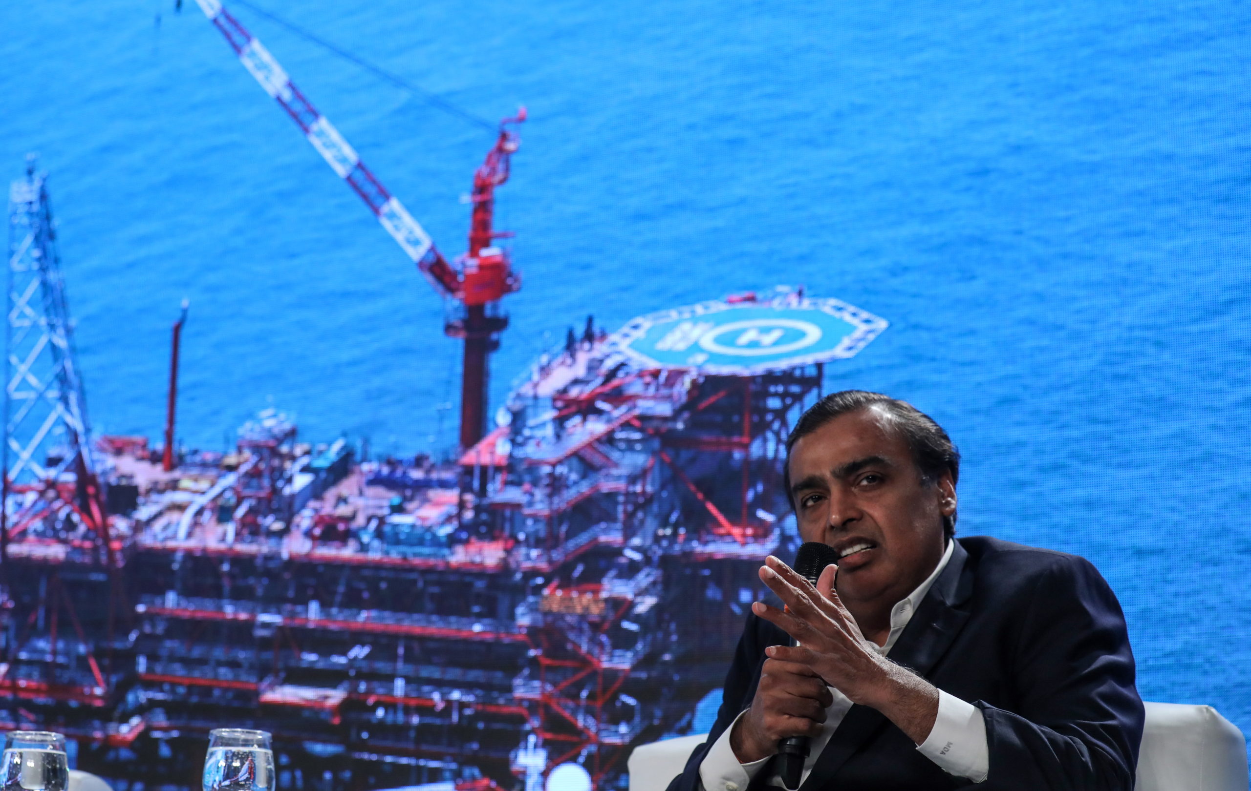 Mukesh Dhirubhai Ambani, Chairman and Managing Director, Relaince Industries limited speaks during a press conference in New Delhi, India. European Pressphoto Agency/Rajat Gupta