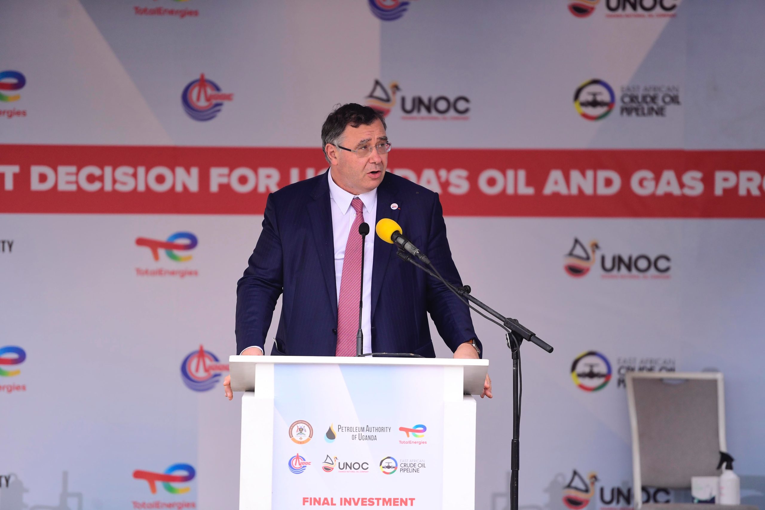TotalEnergies CEO Patrick Pouyanné speaks during the launch of the Lake Albert oil project. Photo courtesy TotalEnergies