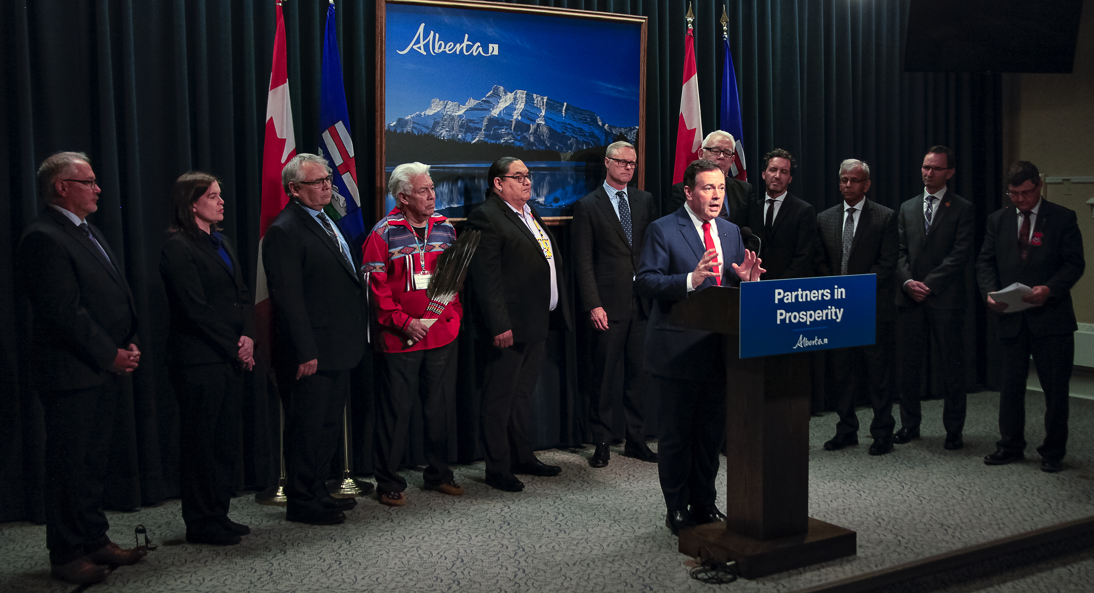 The eight-member Alberta Indigenous Opportunities Corporation is unveiled at a press conference in Calgary, Alberta. Photograph for Canadian Energy Centre