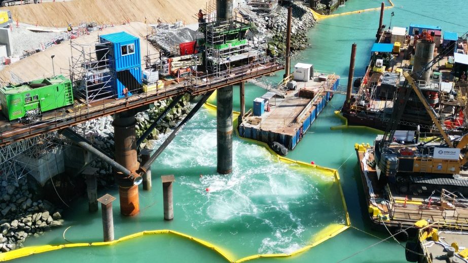 Marine construction at the Woodfibre LNG project site commenced in summer 2025. Photo courtesy Woodfibre LNG